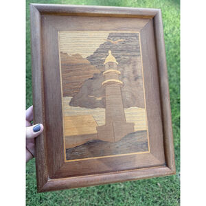 Vintage Marquetry Art Inlaid Wood Lighthouse Framed 10" x 12.5"